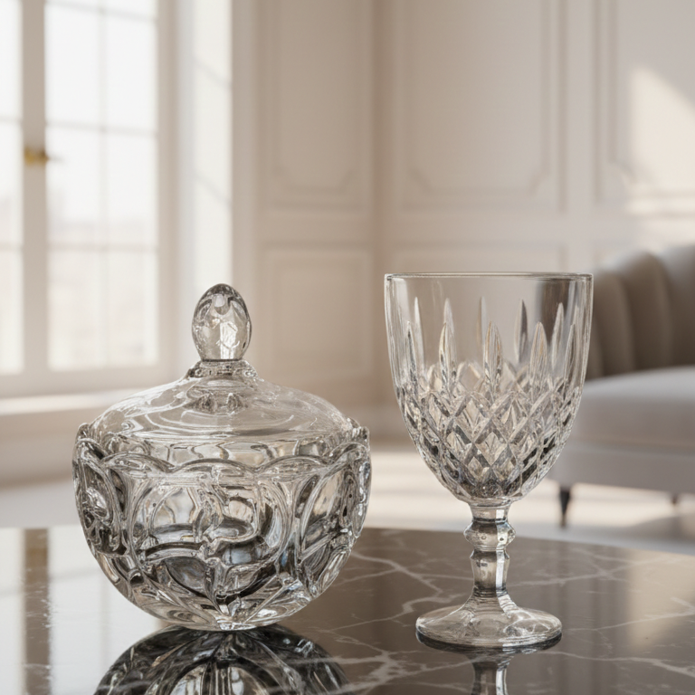 Bomboniere e taça de cristal decorativas para ambientação elegante
