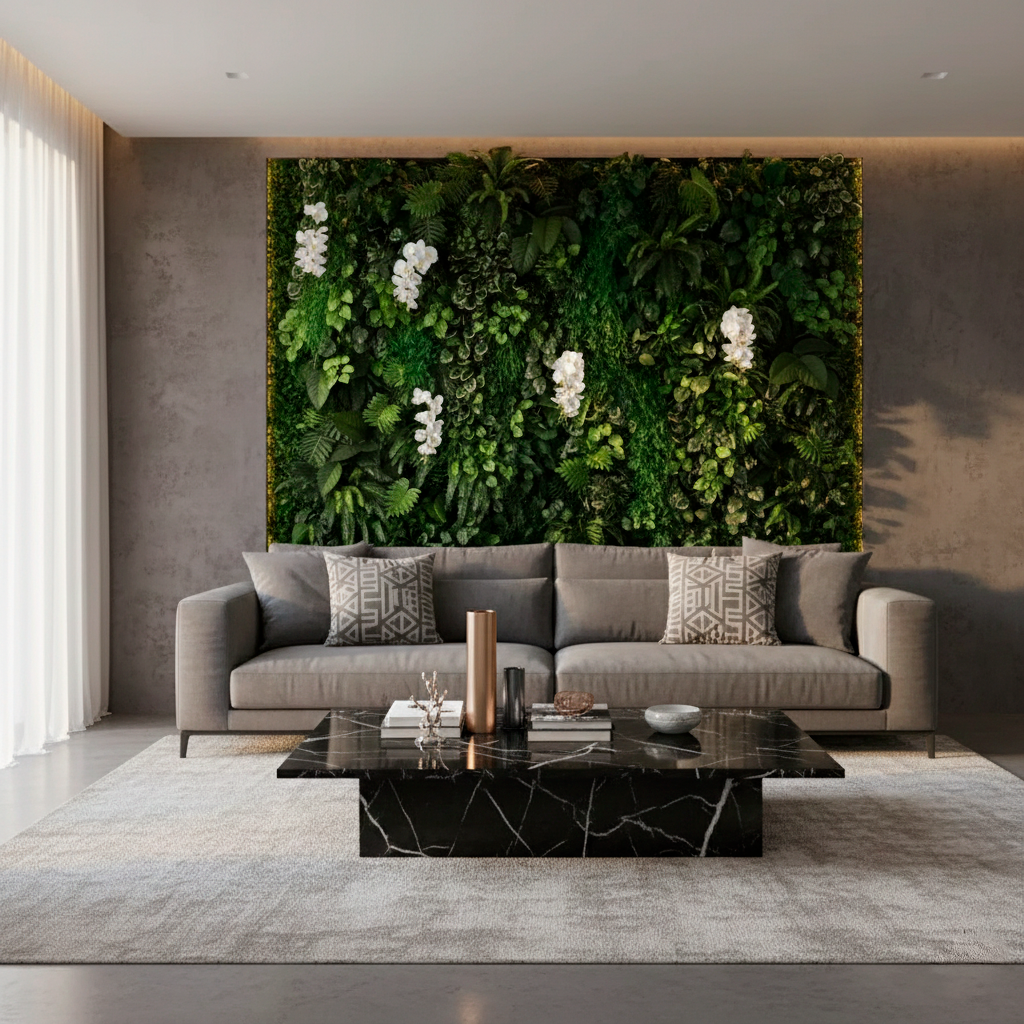 Parede verde artificial com folhagens decorativas em jardim vertical para sala moderna