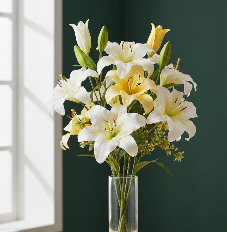 Vaso de lírios artificiais decorativos com flores realistas para ambientes internos